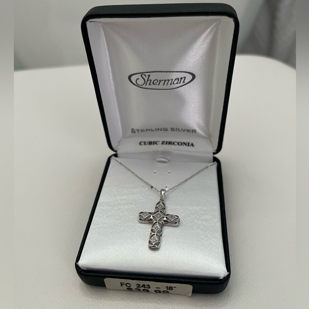 Sherman Sterling Silver Cubic Zirconia Cross BNWT